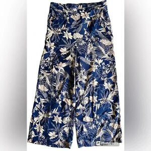 Wide leg linen/rayon elastic waist flat front pants with pockets
